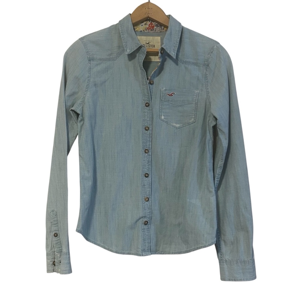 Hollister Denim Button Up Floral Trim Size Small Blue Jean